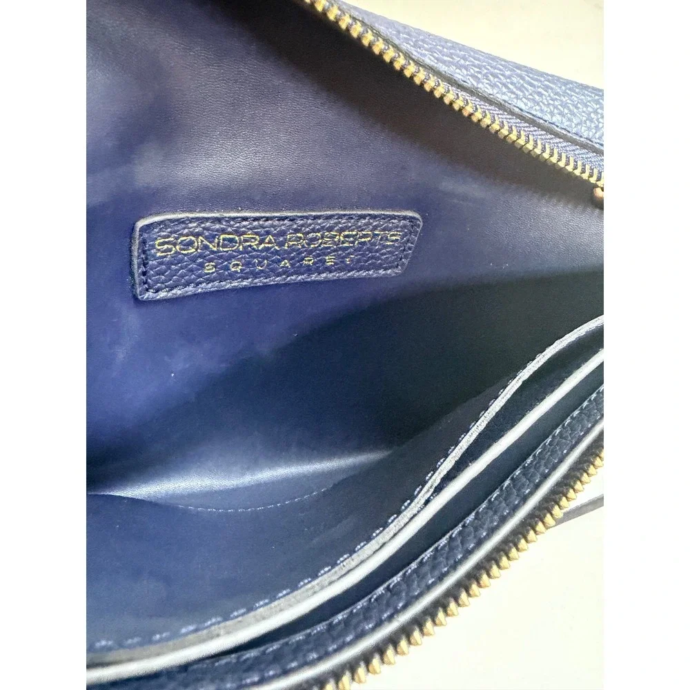 Sondra Roberts Square Navy Blue Pebbled Crossbody Bag Gold Hardware Slim Clutch